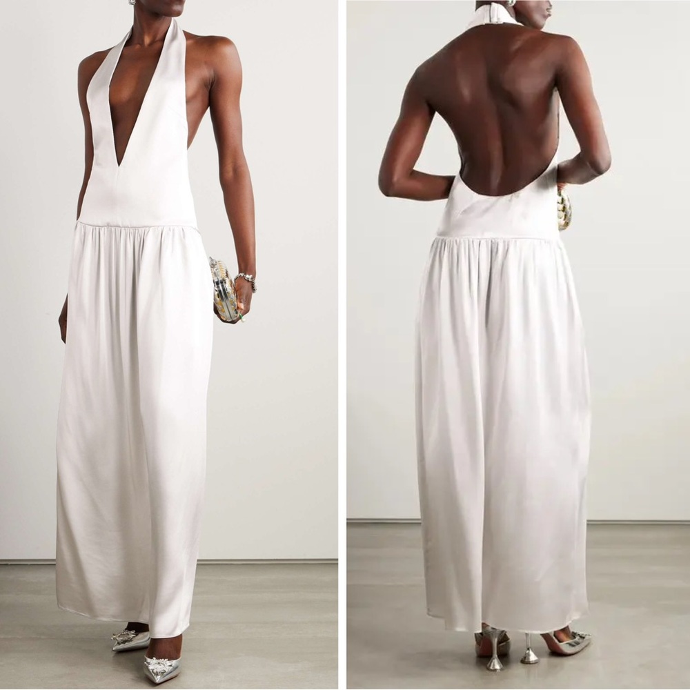 16ARLINGTON Salina Gown Silver Satin V-Neck Open Back Maxi Dress US 6 Formal NWT